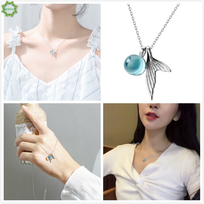 sanhe Blue Crystal Ball Necklace Temperament Fish Tail Neck Chain Japan and Korea Delicate Women