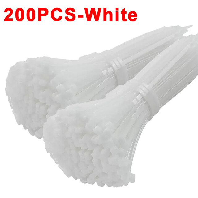 100/200PCS Self-locking Plastic Nylon Tie Black and White Cable Tie Fastening Buckle Tie Zip Wraps Strap