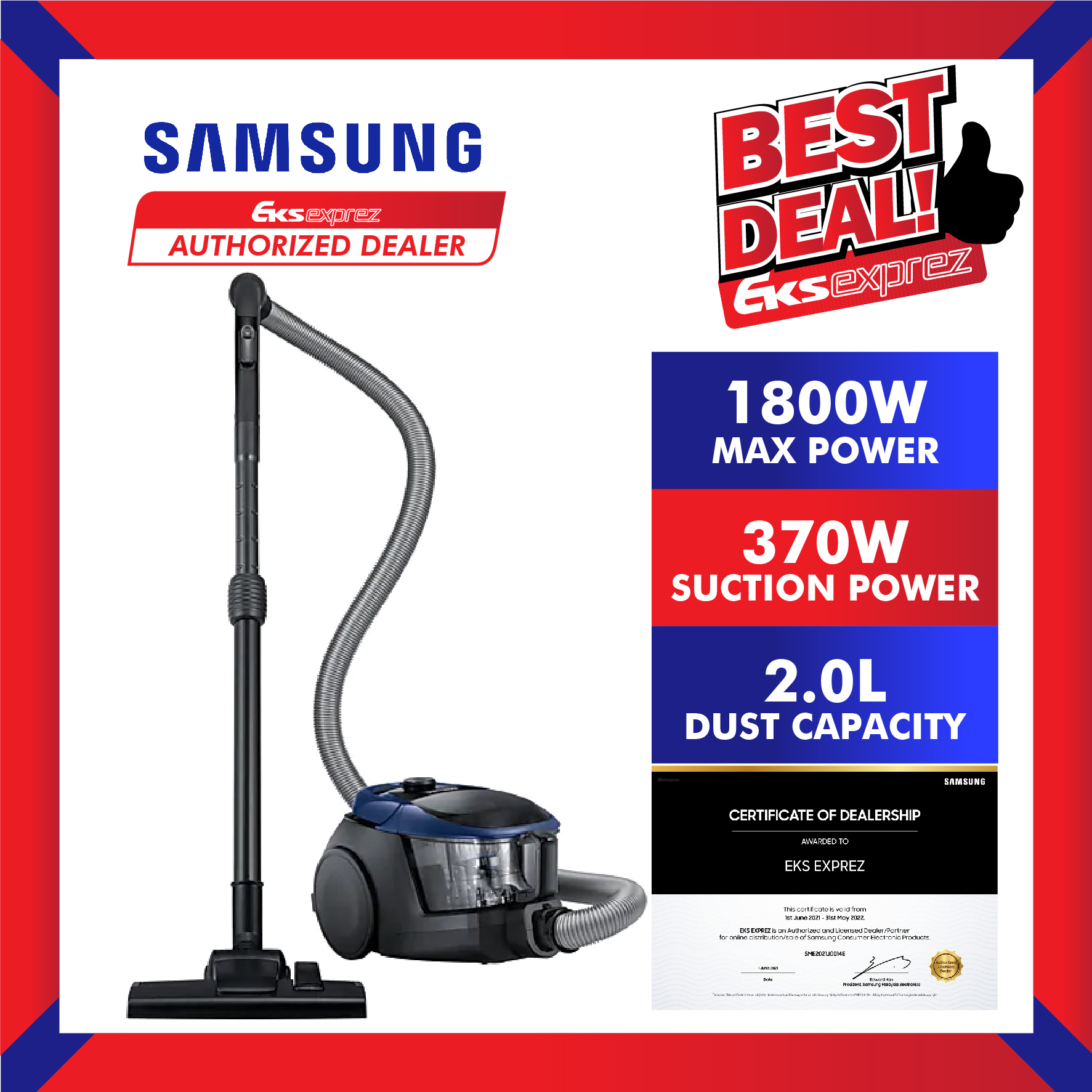 Samsung VC18M3110VB/ME 1800W Canister Vacuum Cleaner with Cyclone Force and  Anti-Tangle Turbine | Lazada