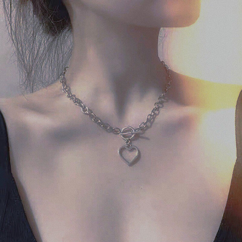 Retro punk ins blogger love pendant metal texture exaggerated thick chain hip hop fan necklace QIAO
