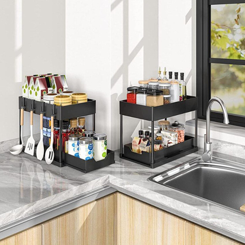 2 Tier Under Sink Storage Organizer Sliding Drawer Multipurpose Rack Cabinet Under Sink Storage Rack Bathroom Kitchen Organizer
