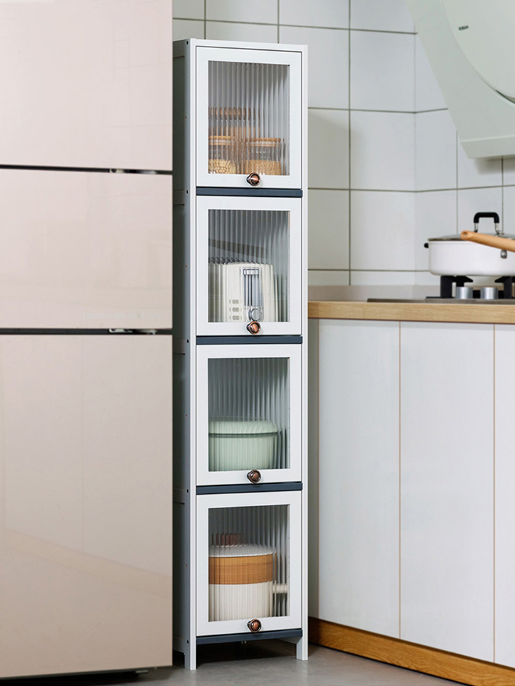 Kitchen shelves, storage cabinets, crack cabinets, storage cabinets, floor-to-ceiling multi-layered narrow gap cupboards, pots and pans, refrigerators, plates