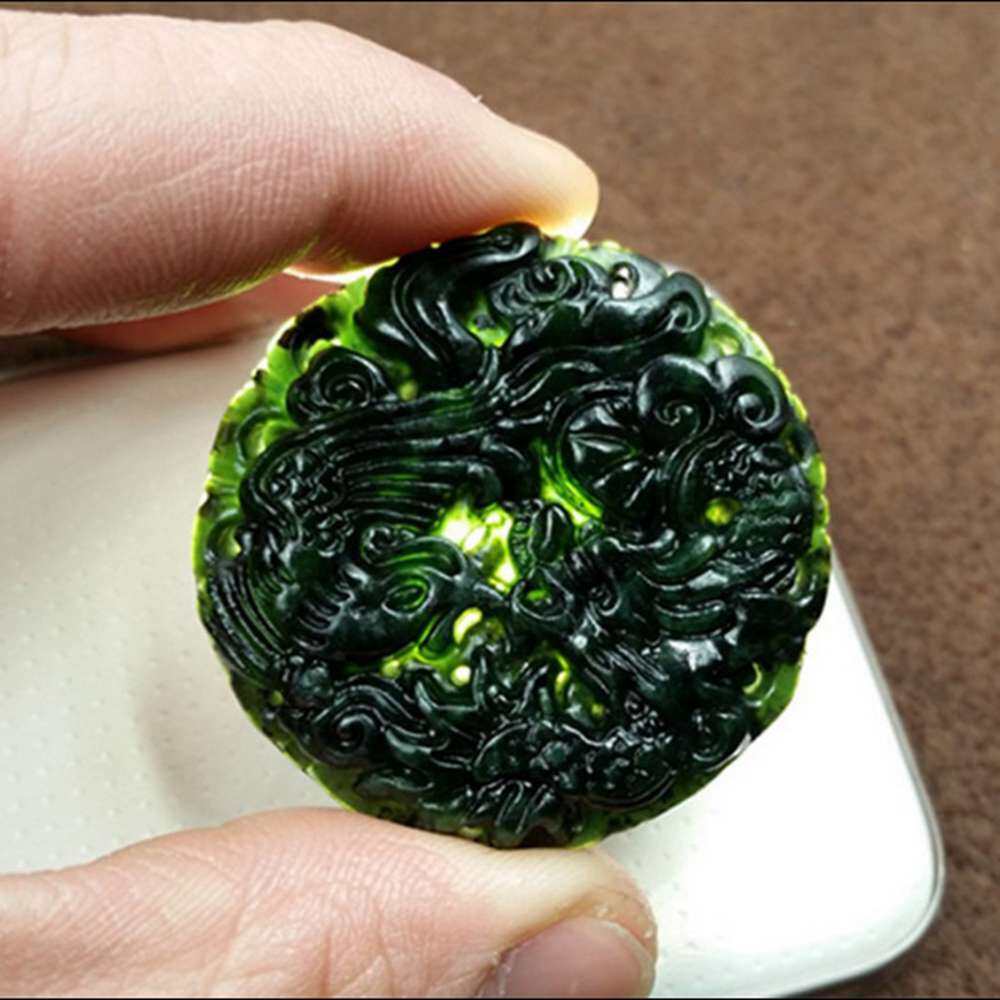 BOKALI 1PCS New Chinese Natural Black Green Jade Pendant Dragon & Phoenix Lucky Amulet Gift