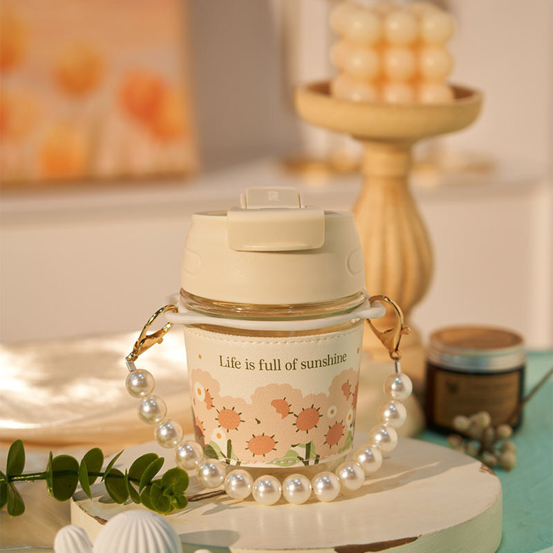 Glass glass double drinking straw water cup girls cute ins coffee cup pearl tote chain portable cup