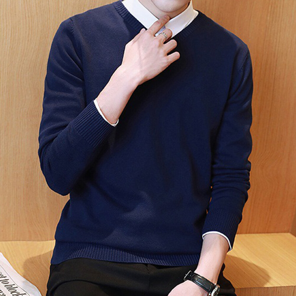 Men Solid Color V Neck Long Sleeve Slim Pullover Plus Size Knitwear Sweater