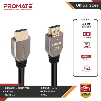 Promate proLink8K-200 8K HDMI 2.1 Cable Dynamic HDR 8K HDMI to HDMI Cord with eARC Compatible Dolby Vision Dolby Atmos 200cm Cable Length Ultra High-Speed 48Gbps and 3D Support for Xbox PS4 PS5 Roku PC