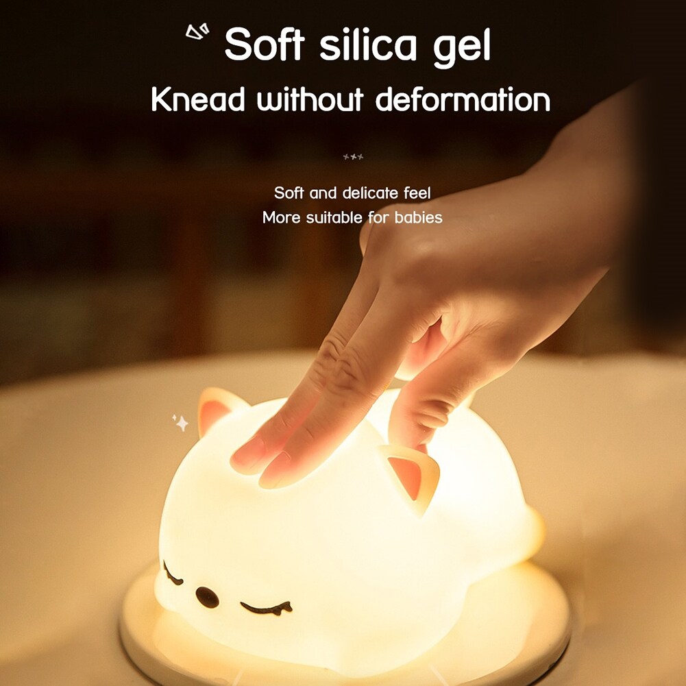 Terylin Sleeping Cat USB Pat Remote Control LED Silicone Night Light Desk Bedside Lamp