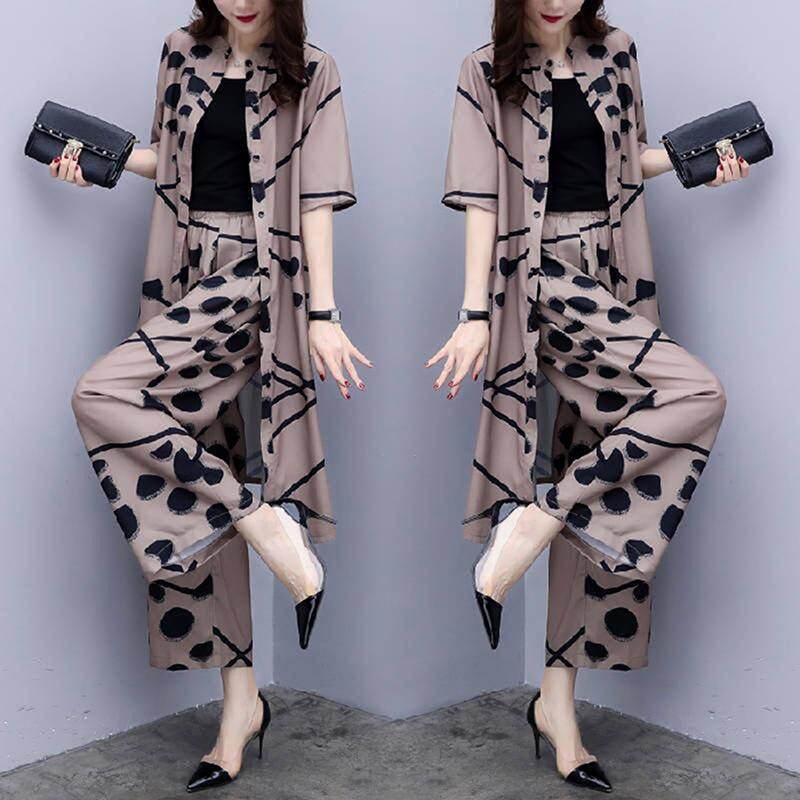 WORE 2pcs Chiffon Women Casual Set Wear Loose Suit Wide Leg Pants + Long Blouse Set