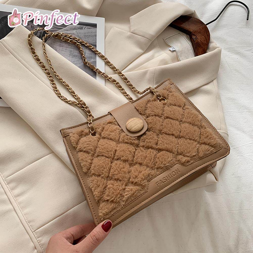 [Pinfect] Fashion Vintage Elegant Lattice Pattern PU Leather Plush Crossbody Handbags Women Casual Solid Color Chain Travel Street Shoulder Underarm Bag Sling Bag