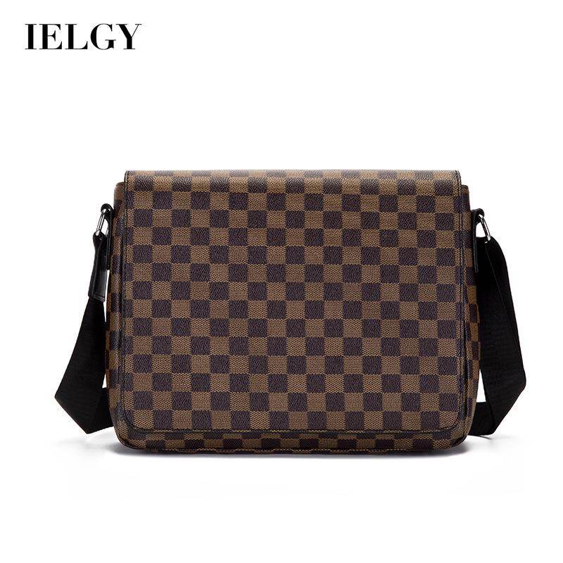 IELGY men's large-capacity multi-compartment business cross-body plaid messenger bag
