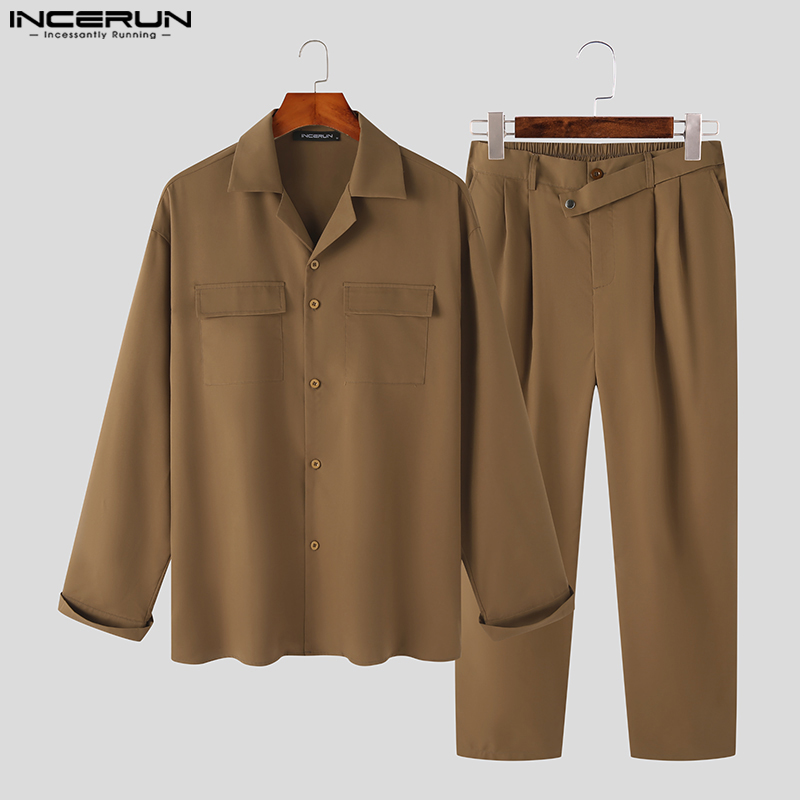 Incerun mens 2pcs/set formal outfit suit long sleeve tops shirt long pants trousers sets
