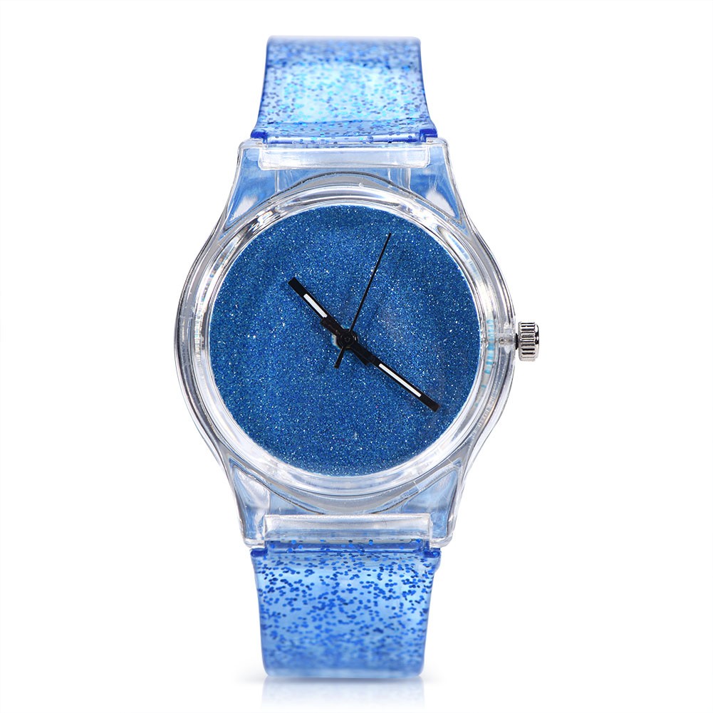 3Colors Female Quartz Wrist Watch Round Plastic Strap Glitter Powder Wristwatch blue