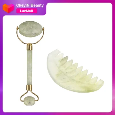 CkeyiN Double Head Facial Roller Massage Comb Set Natural Jade Gua Sha Scraping Massager, Health Care Tool