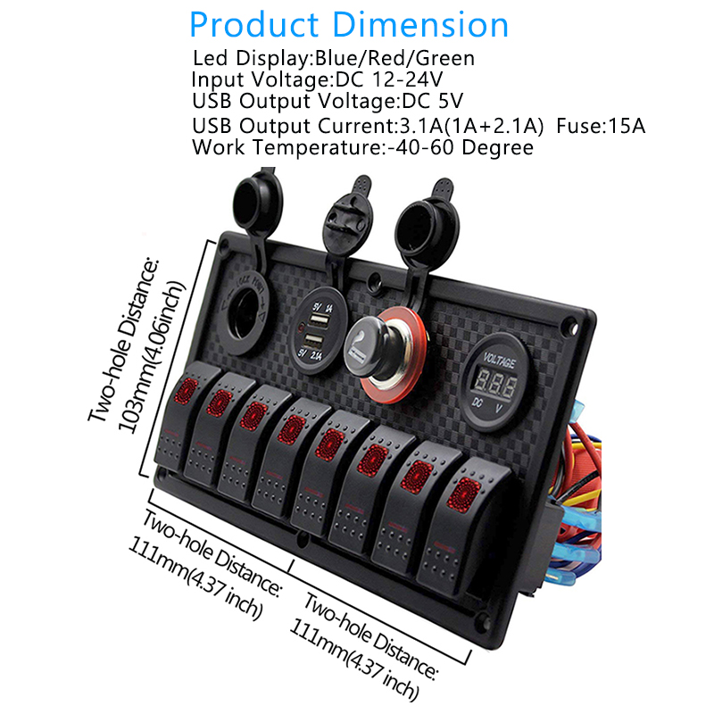 Bảng Công Tắc Tàu Biển 12V/24V 8 Gang Bật Tắt + Cổng USB Kép Ổ Cắm Tàu Biển Cho Xe Hơi Chống Nước Với Vôn Kế Led Sạc USB Cho Xe Hơi Thuyền RV Xe Tải ATV UTV Camper Caravan Bảng Công Tắc Chuyển Đổi 3.1A 4.2A