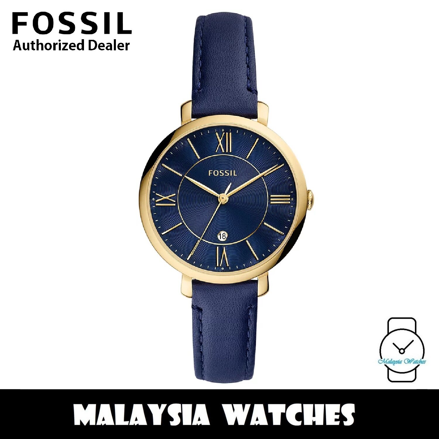(OFFICIAL WARRANTY) Fossil ES5023 Jacqueline Three-Hand Gold-Tone Case Navy Leather Strap Women's Watch (2 Years Fossil Warranty)