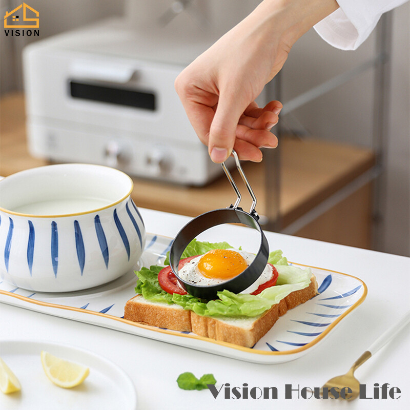 Vision Stainless Steel Egg Fryer Non-stick Fried Egg Mold Household Breakfast Egg Ring with Adjustable Handle Round Fried Egg Model Burger Omelette Ring