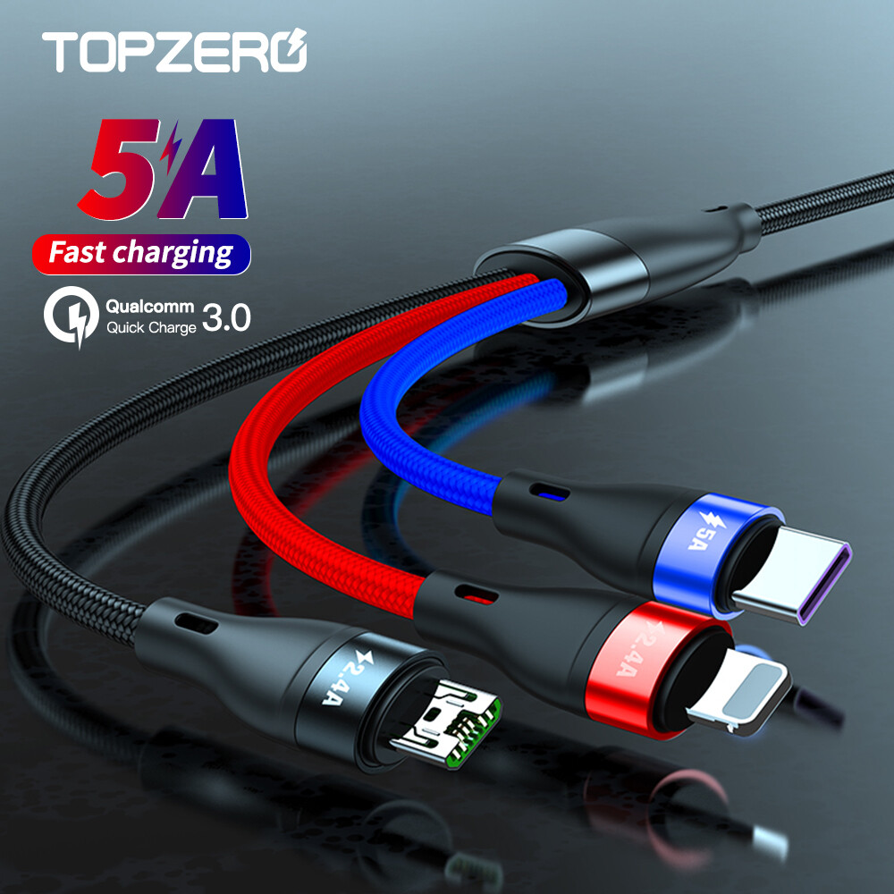 Topzero 3 in 1 5a usb c cable fast charge for huawei iphone oppo xiaomi vivo quick charger mirco usb cable lighting usb mobile phone fast charging cable