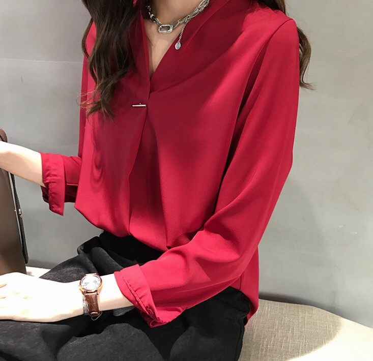 Woment V-neck Long-sleeved Shirt Chiffon Solid Color Base