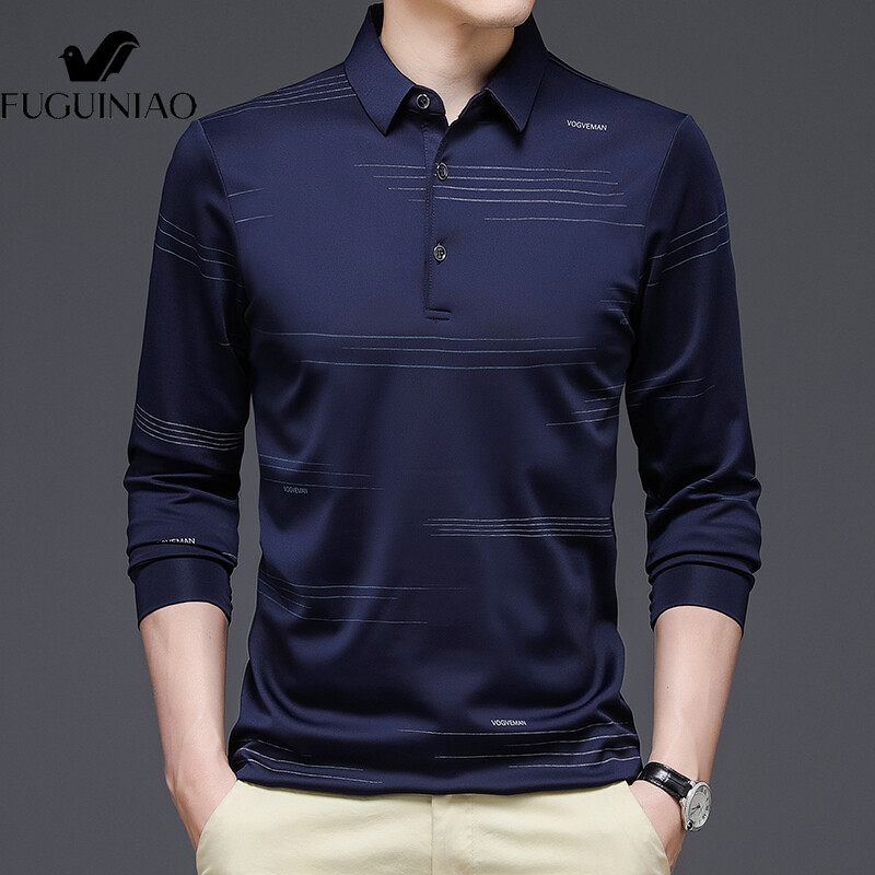 FUGUINIAO Men's POLO Shirt Loose Comfortable Striped Black Long Sleeve POLO Shirt Free shipping