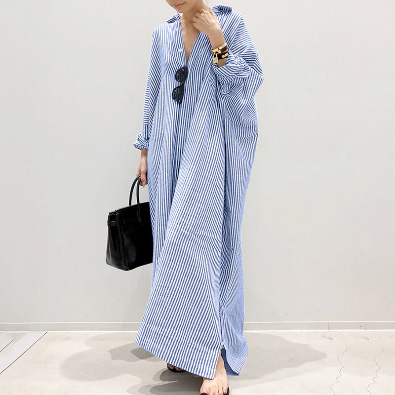ZANZEA Korean Style Women Long Sleeve Button Down Stripe Casual Maxi Shirt Dresses