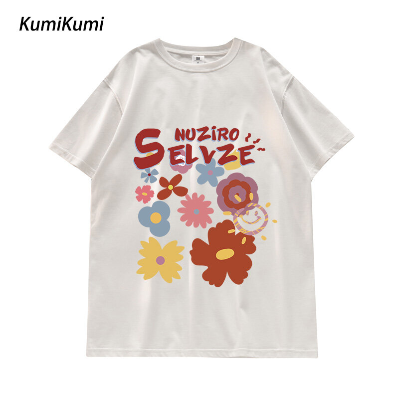 KUMI Korean Version of Fashion Flower Pattern Letter Couple Oversais T-shirt for Woamn