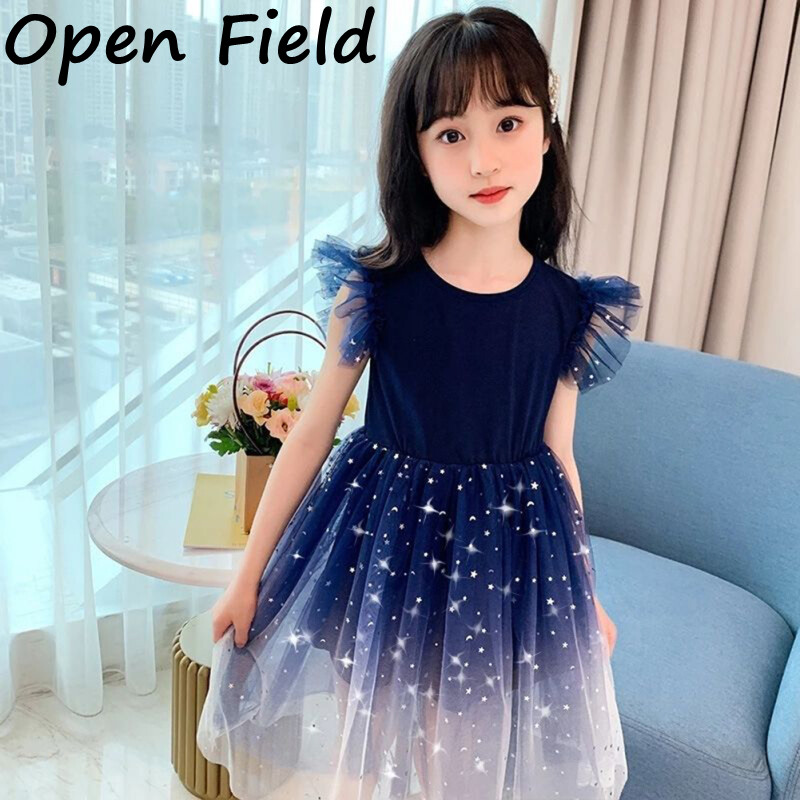 2022 Girls Puffy Princess Dress Starry Gradient Short Sleeve Skirt Printing Mesh Princess Dress