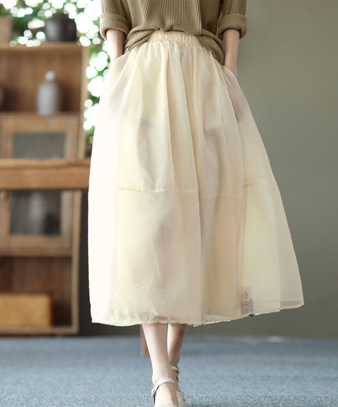 Alisa.Sonya Women's Organza Tulle Maxi Dress Plus Size Elastic High Waist A Line Retro Style Pleated Skirt with Pockets