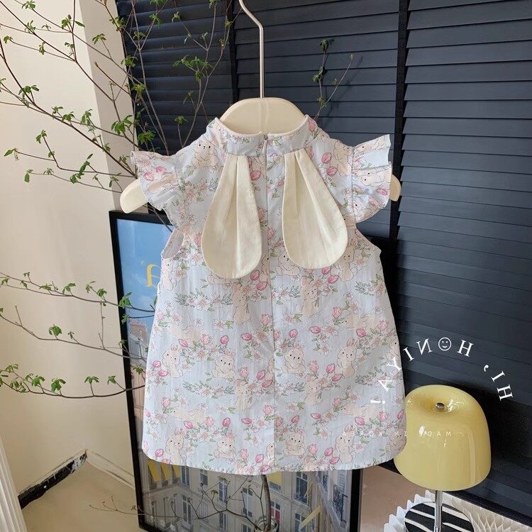 Girls' Chinese Style Dress Rabbit Ears Fragmented Flower Girl Baby Cute Children's Dress Ancient Style Super Fairy Princess Dress Qipao Cotton