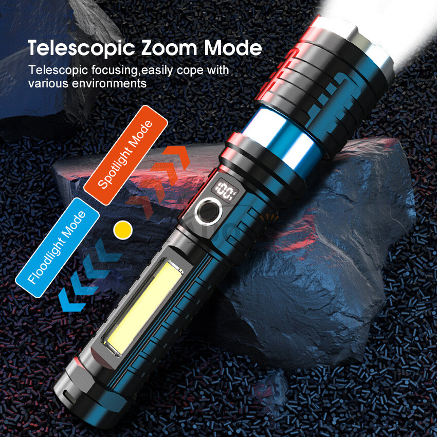 Auoyo White Laser Flashlight Outdoor Flashlight Telescopic Zoom Strong Light Multi-function Flashlight LED Power Display Charging Outdoor Flashlight Camping Outdoor Lamp Outdoor Waterproof Torchlight