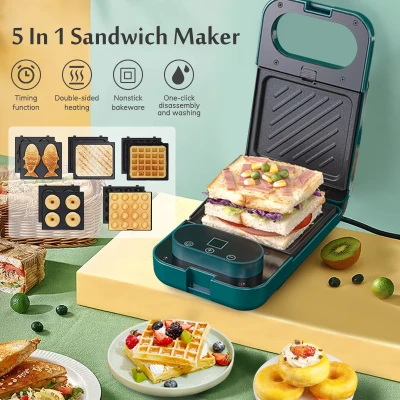 【Ready Stock in Malaysia】5 In 1 Electric Sandwich Maker Waffle Maker Time Control Breakfast Maker Bread Maker Machine