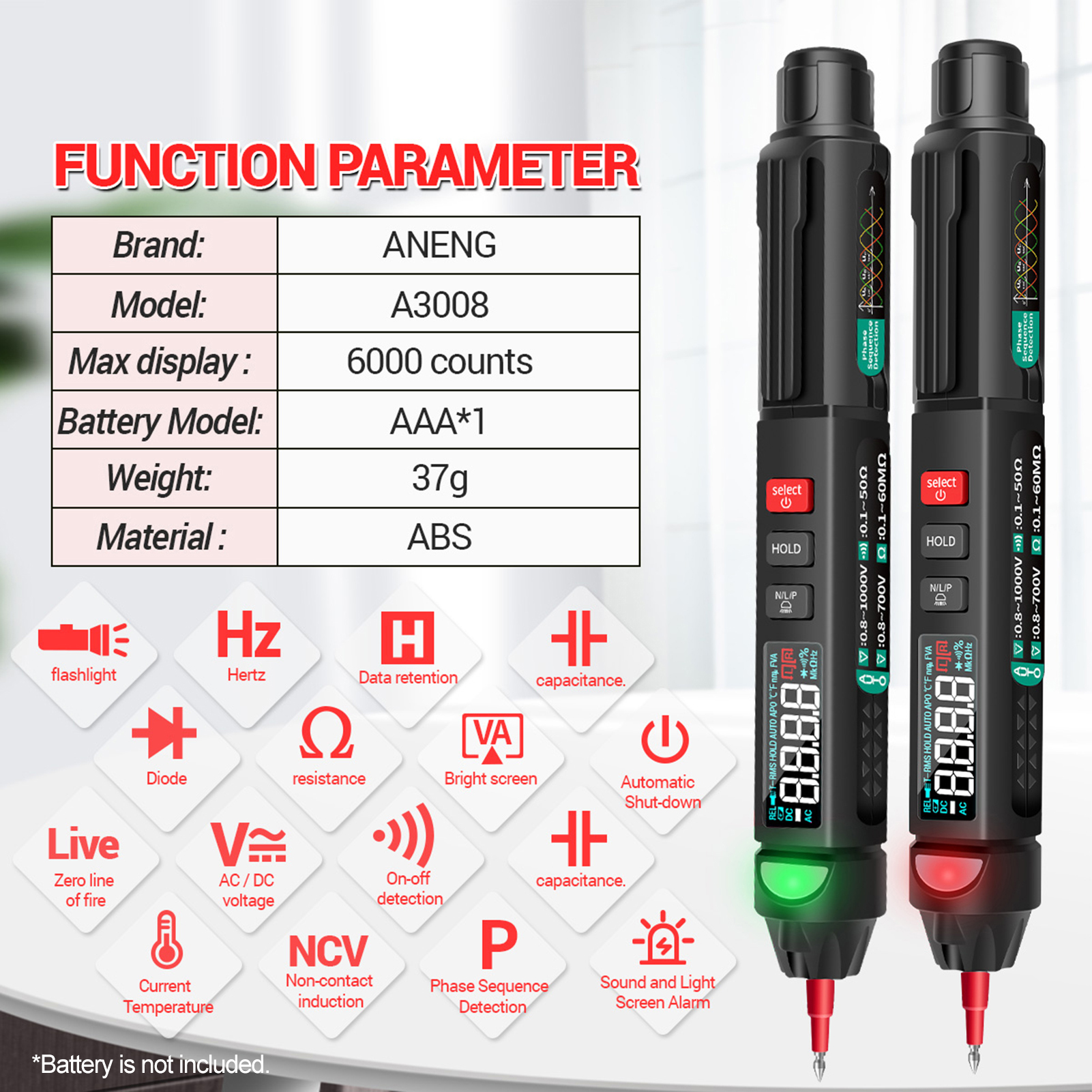 ANENG Đồng Hồ Vạn Năng Bút A3008 Đồng Hồ Vạn Năng Kỹ Thuật Số Đếm 6000 Đồng Hồ Đo Với Màn Hình LCD Đèn Pin Đèn Nền NCV Tự Động Tắt Nhiều Phụ Kiện Cho Điện Áp Điện Trở Dòng Điện Diode Điện Dung