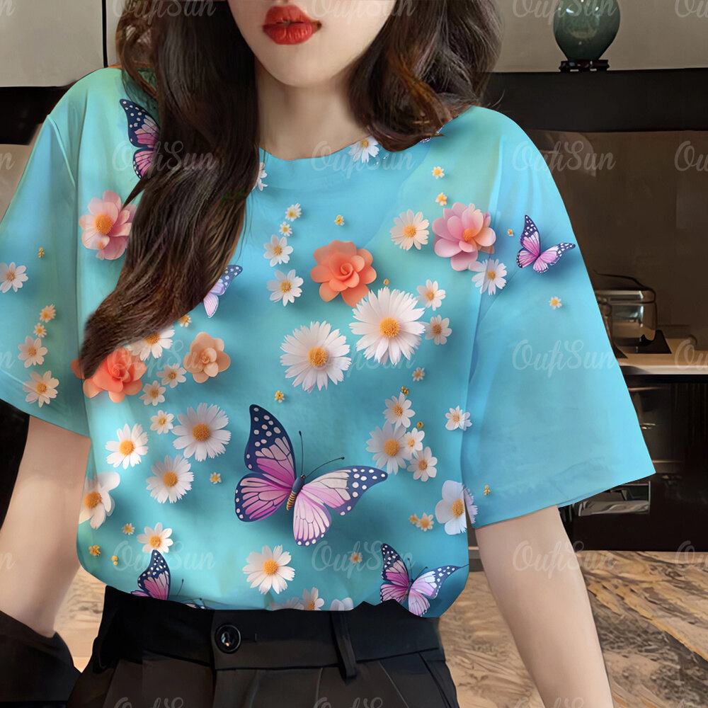 3D Floral T-shirt Womens T-shirt Summer Round neck Short sleeve T-shirt Loose Street Womens Clothing 3D Printed T-shirt