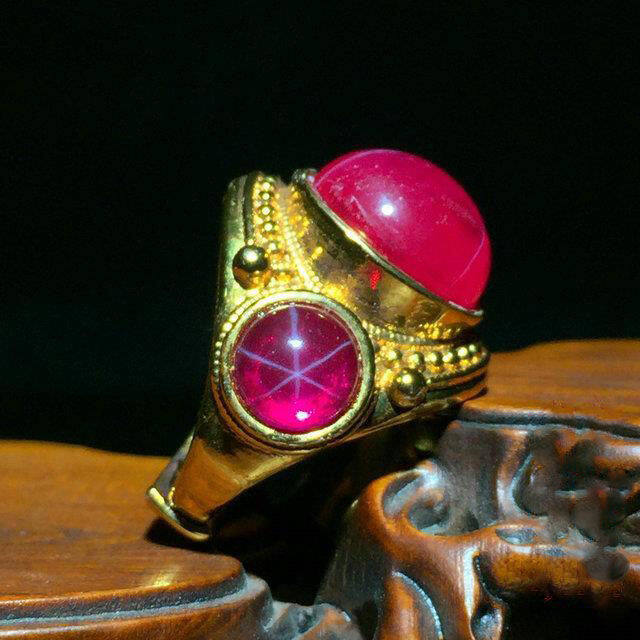 Đồ cổ nhà Thanh Starlight Ruby đôi phước lành nhẫn tròn với nhẫn mở dát vàng