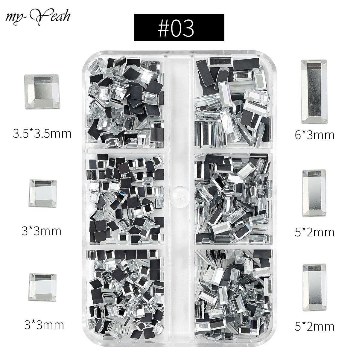 myyeah 6 Grids/Box Nail Art Glitter Rhinestones AB Flatback Square Gems Round Crystal Diamonds 3D Charms DIY Manicure Decoration