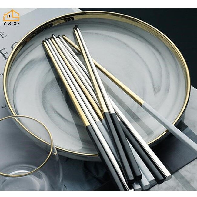 Vision 304 Stainless Steel Chopsticks Non-Slip Reusable Sushi Sticks Chopsticks square head electroplated black and gold long chopsticks Portugal series