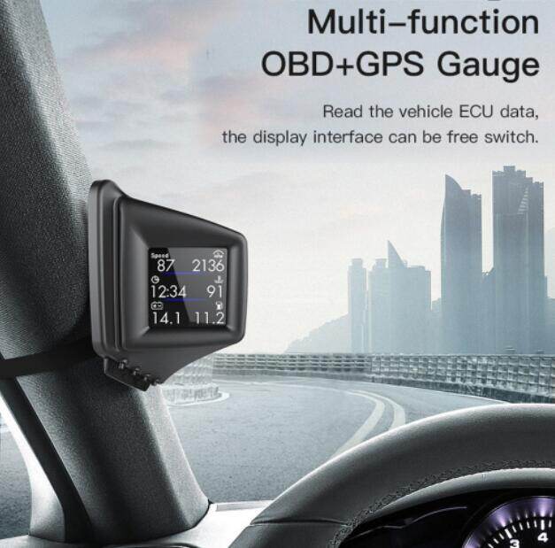 Multi-function HUD Head-Up Display OBD2+G-P-S Dual System Smart Gauge Driving Stopwatch Speedometer Odometer Digital Meter Alarm System RPM Turbo Oil Pressure Water Temp G-P-S Speedometer