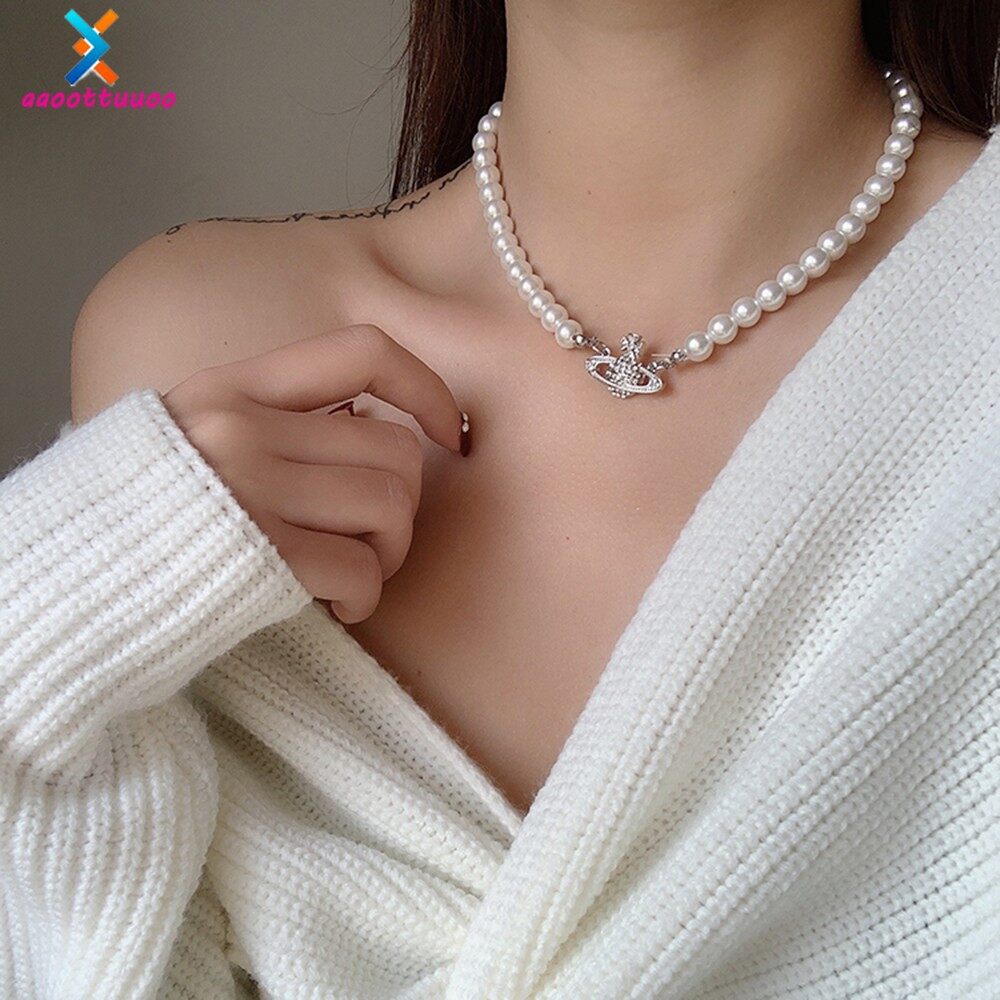 sanhe Retro Pearl Planet Pendant Necklace Diamond Clavicle Chain Choker for Women Girls Birthday Gift