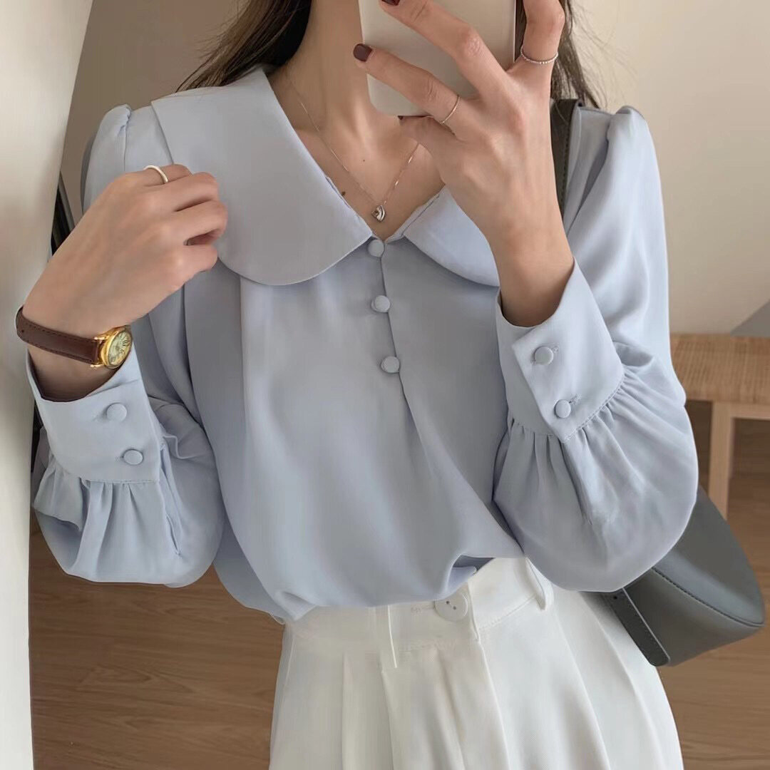 Women Blouse French Vintage Retro Shirt Fashion Temperament Bubble Sleeves Doll Collar Chiffon Blouse Shirts Tops Ladies