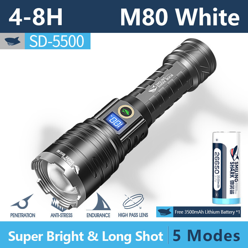 Smiling Shark SD5500 Torchlight M80 10000Lumens Super Bright Flashlight Led with Power Display 26650 USB RechargeableTorch Light Waterproof Home Emergency Outdoor Dog Walking Camping Hking Fishing Lighting Lamp