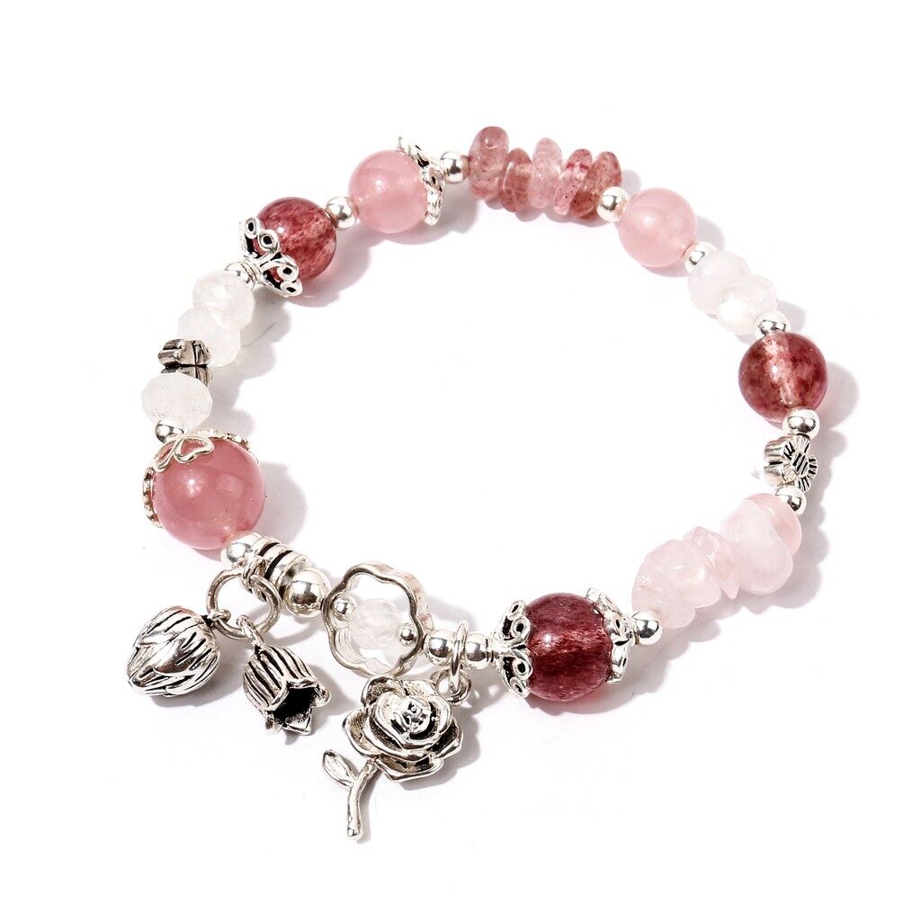 Vòng tay hoa hồng mix đá thạch anh dâu, thạch anh hồng, moonstone - Ancarat