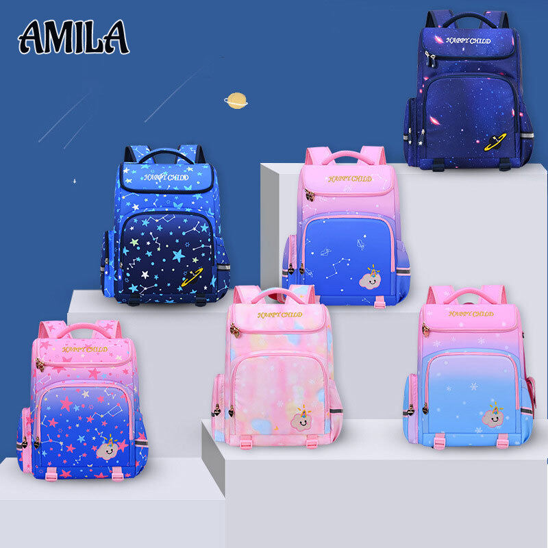 AMILA New children's school bag Starry sky gradient schoolbag for elementary school students Grades 1-3-6 Spine protection and backpack