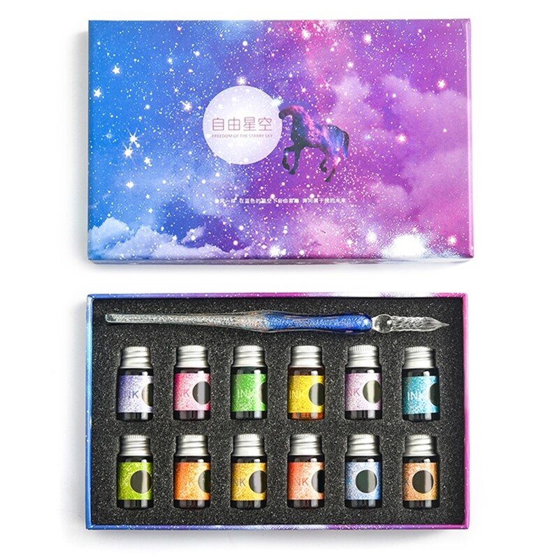 Crystal Glass Pen Starry Sky Dip Pen Glitter Powder Fountain Pen 12 Colors Ink Gift Box Set Writing Supplies
