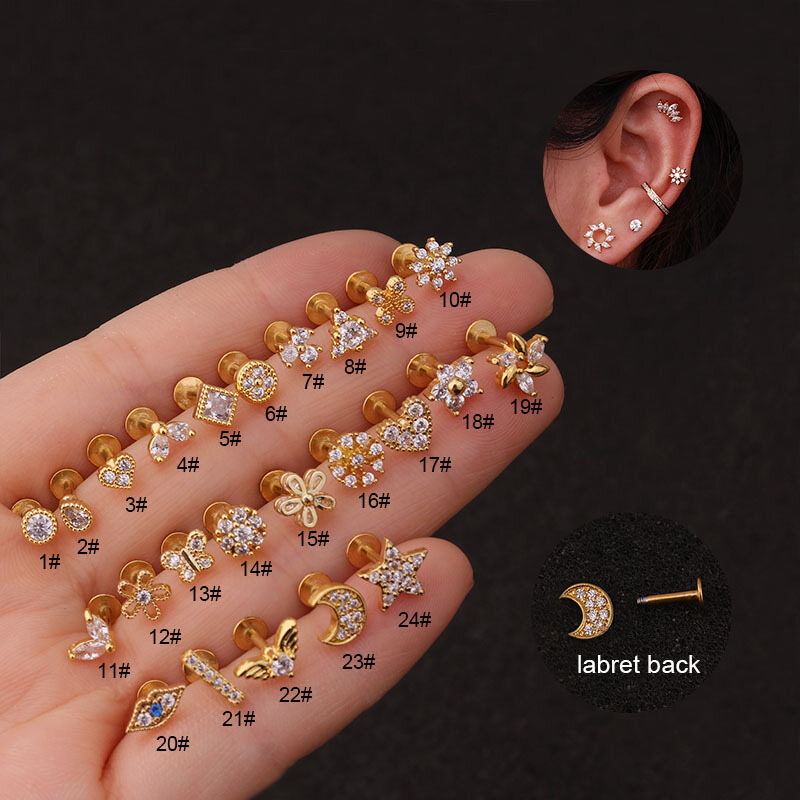 New Arrival Cz Cartilage Earring Flower Crown Heart Moon Labret Back Ear Piercing Jewelry Helix Daith Conch Tragus Earrings