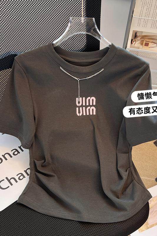 Super Mal Top Line Label Cutting Discount Korean Fit Slim Round Neck Short Sleeve T-shirt Letter Embroidery Versatile Fashion Top