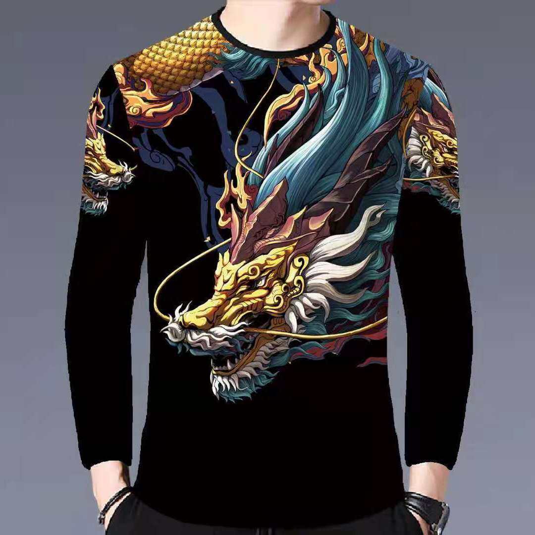 Yushu Long-sleeved Casual T-shirt Men's Fashion Korean T-shirt 3D Printing Dragon Ins Trend New Versatile Round Neck Top