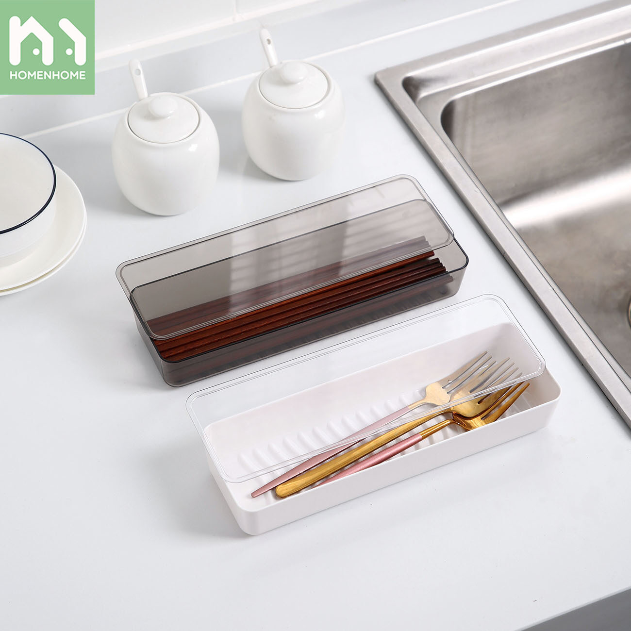 Homenhome Hộp Đũa Hình Chữ Nhật Chất Liệu AS Có Nắp, Giá Để Muỗng, Hộp Đựng Đồ Ăn Phẳng Chống Bụi Nhà Bếp