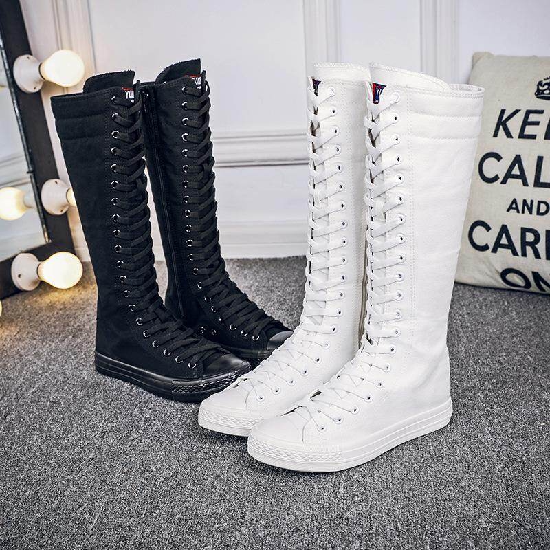 Boots black white color Knee High Casual shoes Ladies Tall Punk Womens Lace Up leisure shoes high women lovers boots