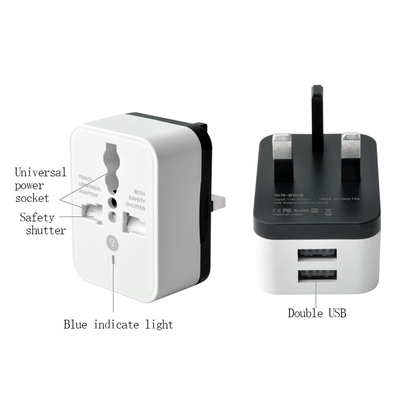 Bộ chuyển đổi phích cắm UK với cổng USB kép 5V 2A đa chức năng 10A phổ quát để EU chúng tôi anh AU Phích cắm chuyển đổi Trắng sạc điện thoại cắm hàng đầu