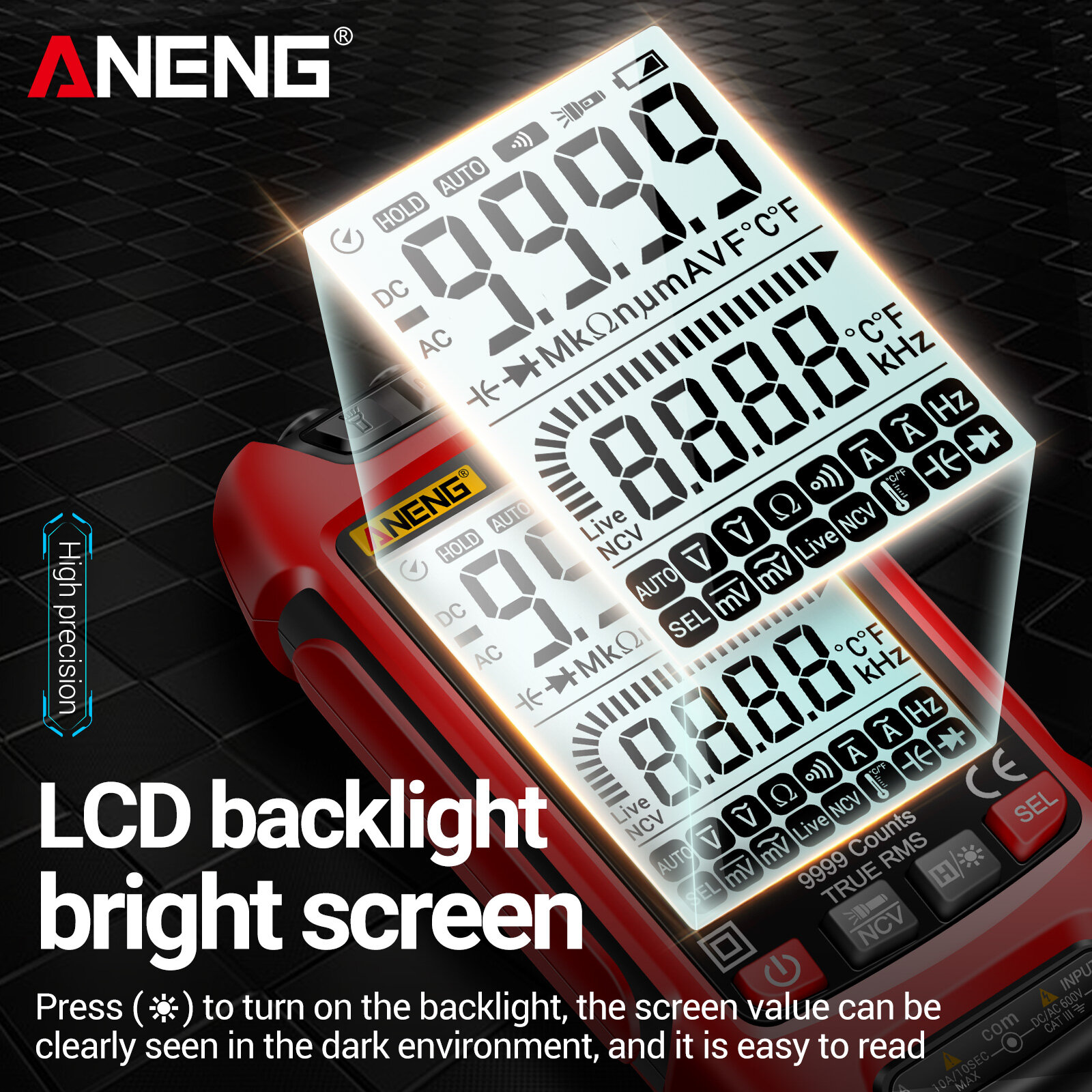 ANENG SZ02 Smart Digital Multimeter Auto Range 9999 Counts NCV Universal Meter Handheld Multifunctional Tester Voltmeter Ammeter with Backlight Flashlight AC/DC Voltage & Current Resistance Capacitance Frequency Temperature Measurement