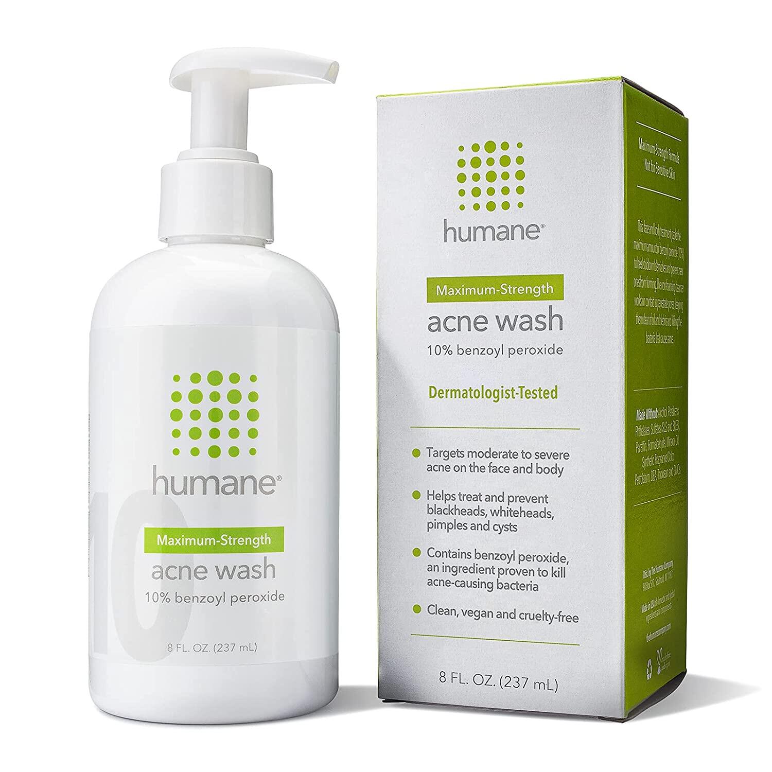 [ iiMONO ] Humane Maximum-Strength Acne Wash - 10% Benzoyl Peroxide / Regular-Strength Acne Wash - 5% Benzoyl Peroxide Acne Treatment for Face, Skin, Butt, Back and Body - 8 Fl Oz - Dermatologist-Tested Non-Foaming Cleanser - Vegan, Cruelty-Free